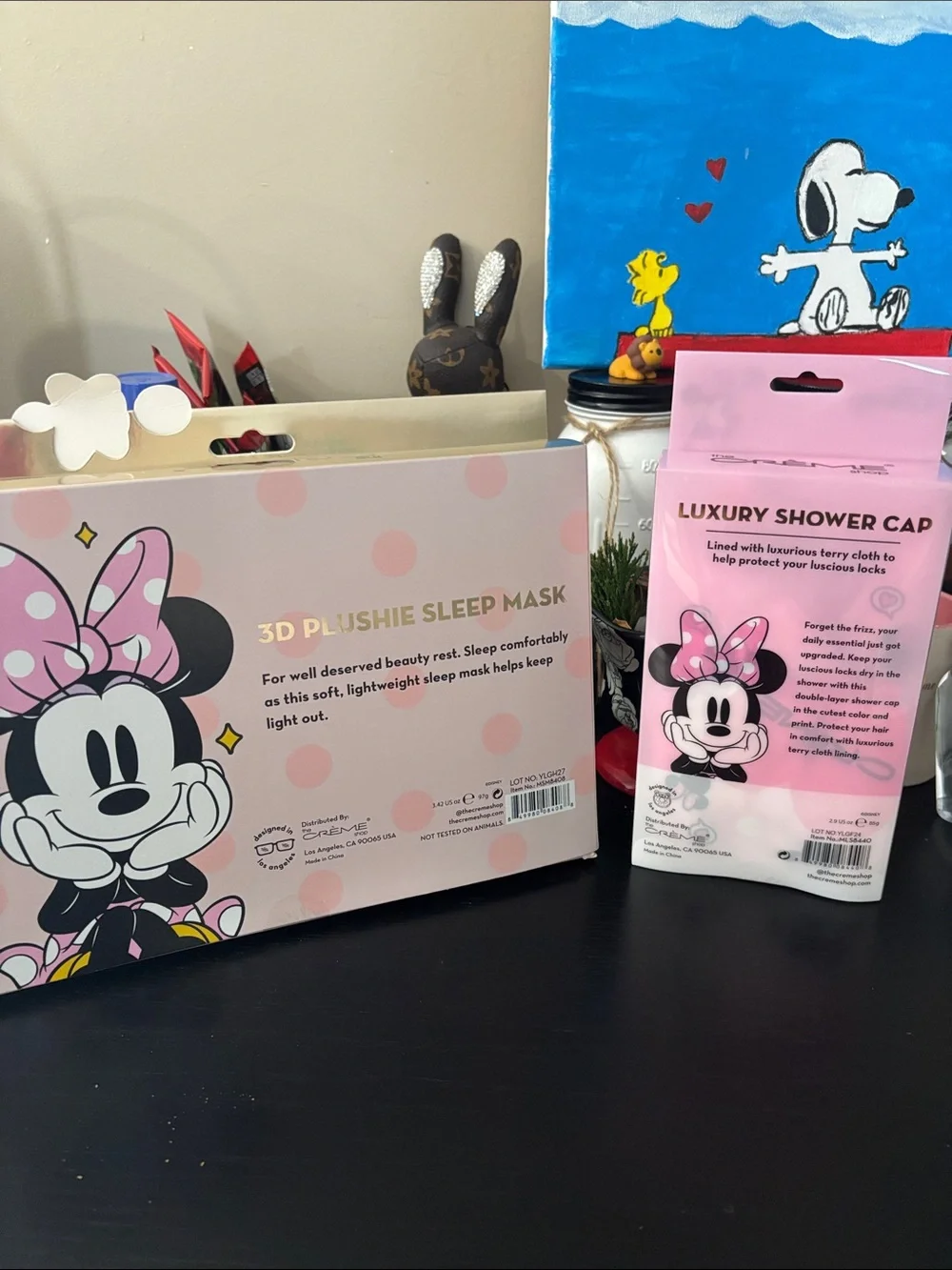 Disney Minnie Mouse Pink Plush Sleep Mask and Pink Shower Cap Set